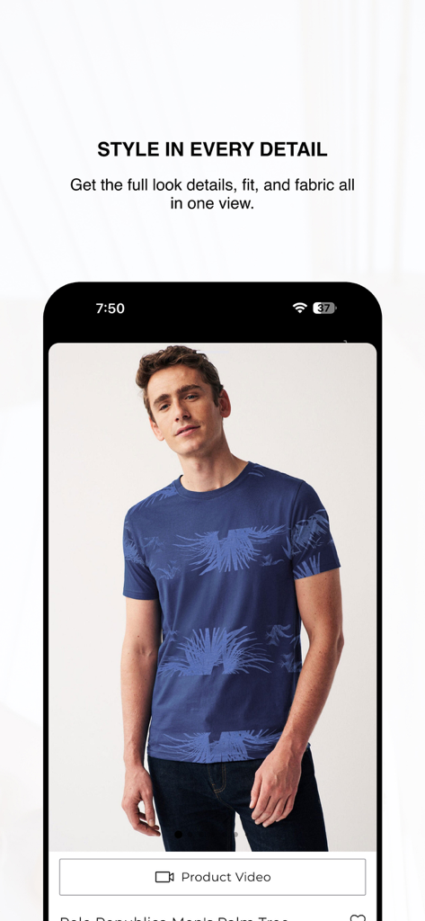 elo Shopping App - Ein Screenshot der elo Shopping App, der einen Mann in einem blau gemusterten T-Shirt mit Produktdetailtext zeigt