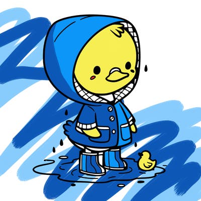 baby duck in a rain coat and boots, in a puddle while it’s raining