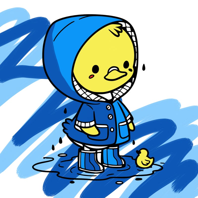baby duck in a rain coat and boots, in a puddle while it’s raining