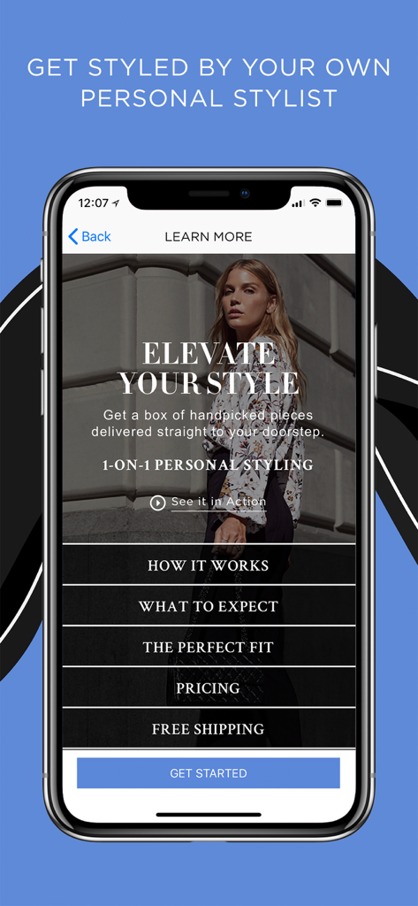 DAILYLOOK app screen showing personal styling service options and a get started button