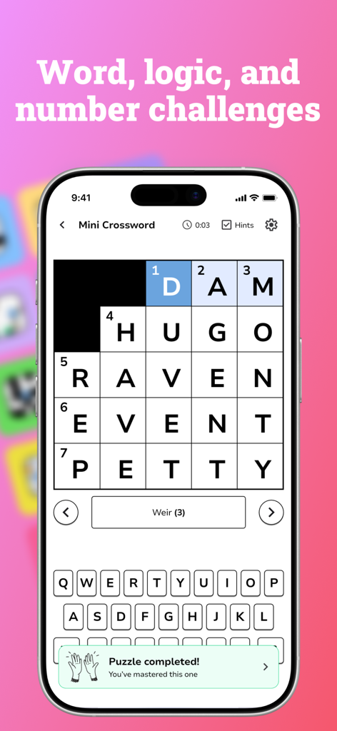 A completed mini crossword puzzle on the Puzzler app interface displayed on an iPhone