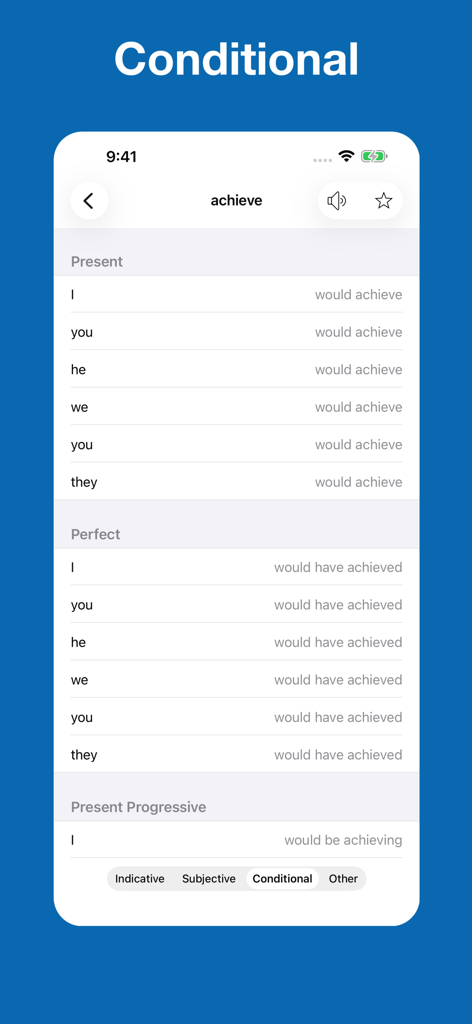 English Verb Conjugation - Interface do aplicativo de Conjugação de Verbos em Inglês exibindo o tempo condicional para o verbo 'achieve'