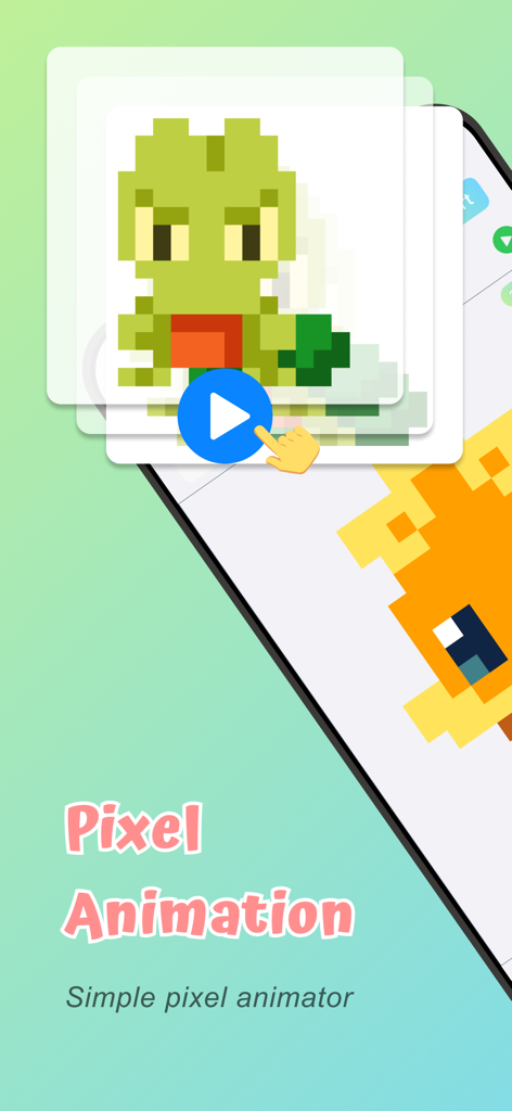 Pixel Animation - Pixel Art - A mobile app screen showing a cute pixel art lizard character with a play button for animation.