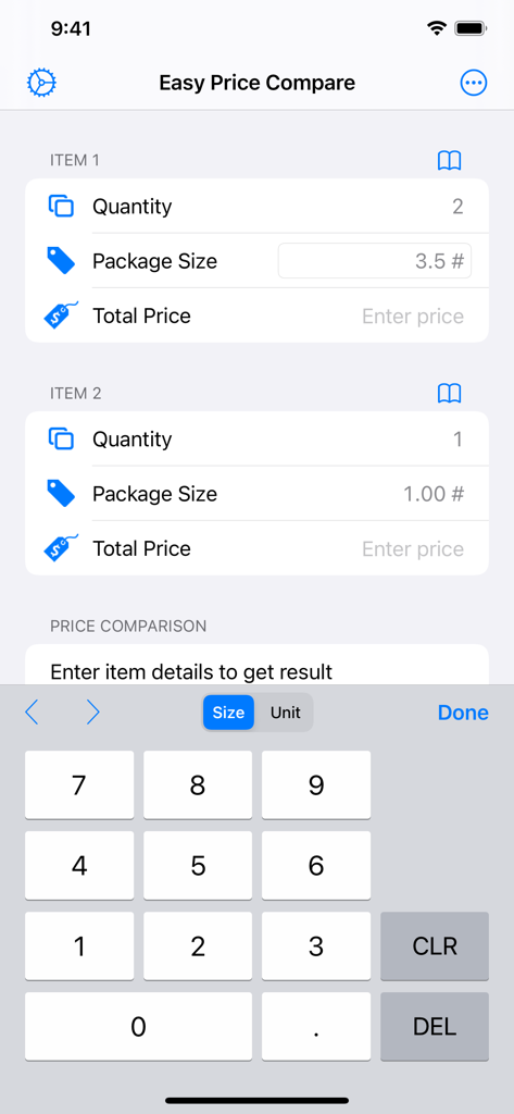 Easy Price Compare - Easy Price Compare app interface for entering item quantity and package size using a numeric keypad.