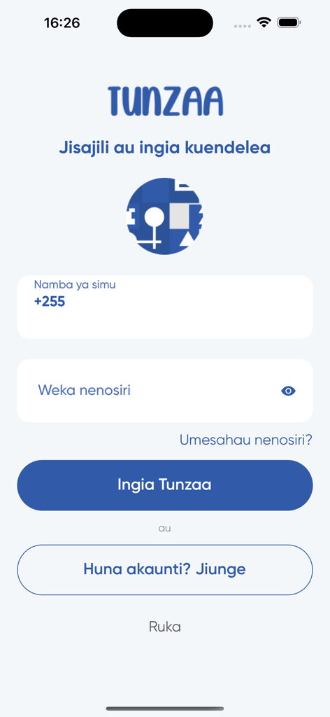 Tunzaa app login interface in Swahili featuring phone number and password fields