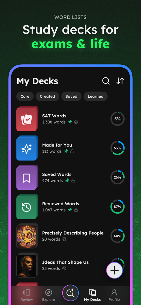 VividVocab: Remember Words - Interface of VividVocab app showing personalized vocabulary study decks and progress tracking.