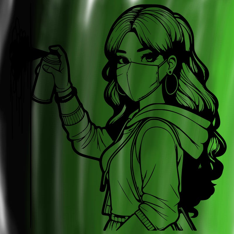 realistic girl with mask spray painting a wall