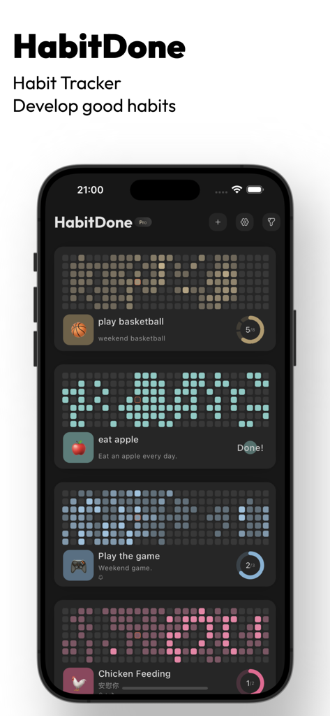 HabitDone app interface showing daily habits with colorful heat maps and progress indicators on a dark theme