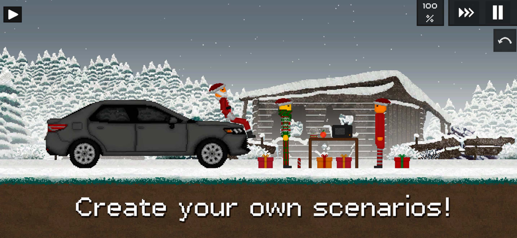 Pixel art winter scene with fruit characters and a car in Fruit Playground