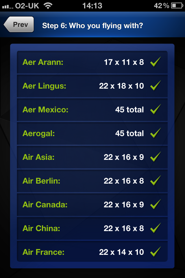 Luggage Checker - A list of airlines with their specific carry-on luggage size requirements and green checkmarks indicating compliance.