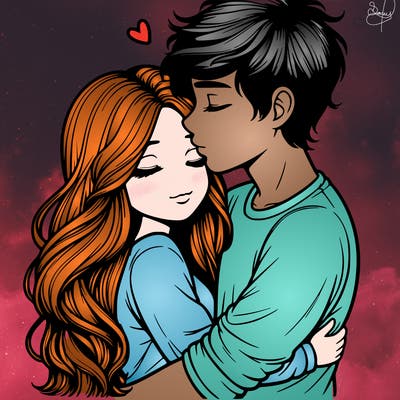 a realistic couple boy and girl hugging and kissing