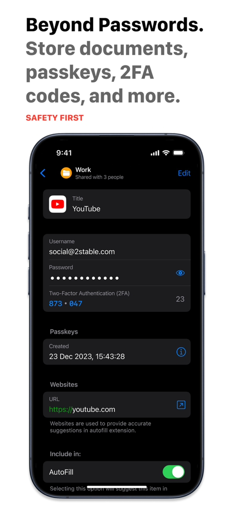 Password Manager by 2Stable showing YouTube account details with 2FA and passkeys on an iPhone