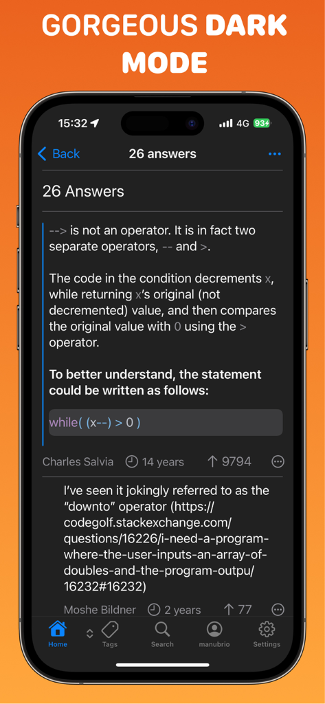 Crew - Stack Overflow Code Q&A - Crew app interface displaying Stack Overflow code answers in dark mode