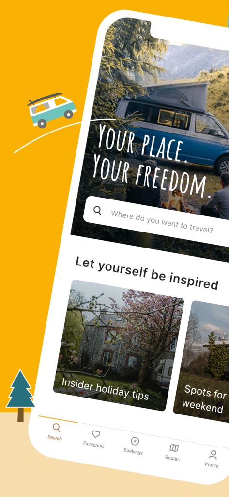 roadsurfer spots Campsites - Der Startbildschirm der roadsurfer spots App zeigt ein Wohnmobil in der Natur und Vorschläge für Campingplätze.