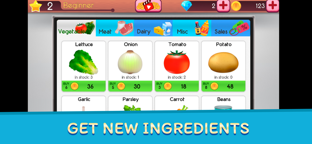 Cookbook Master: Chef Recipes - A screenshot of the ingredient store in Cookbook Master showing vegetable options like lettuce and tomatoes to buy with coins