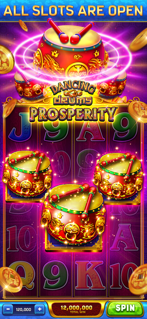 Dancing Drums Slots Casino - Dancing Drums Prosperity slot game interface featuring ornate red drums and a large win celebration.