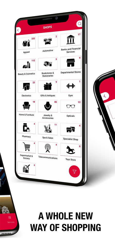 The Avenues - The Avenues mall app interface showing various shop categories and store counts