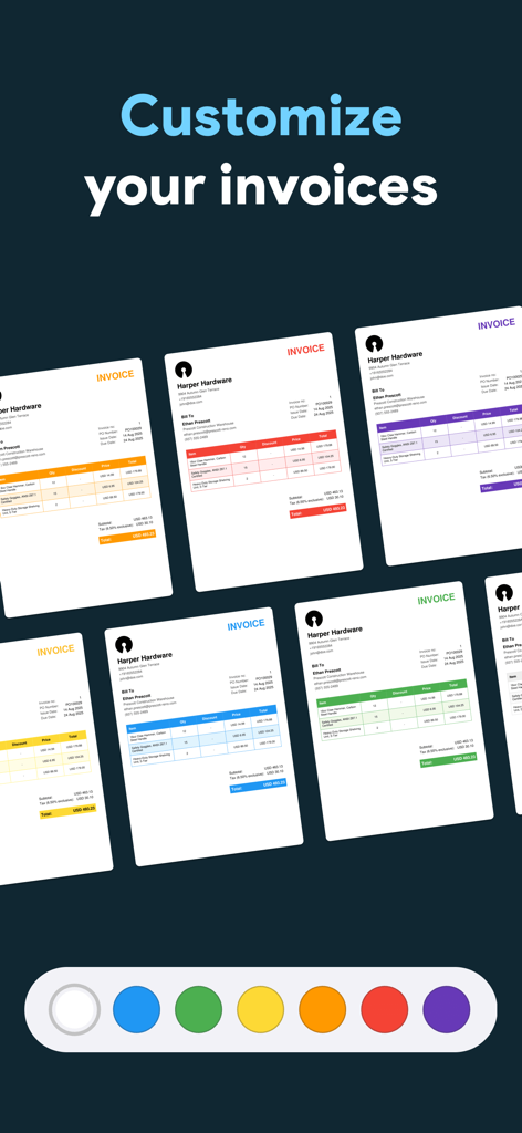 Invoice Maker: Bill & Receipt - Interface mostrando vários modelos de faturas profissionais com diferentes opções de personalização de cores