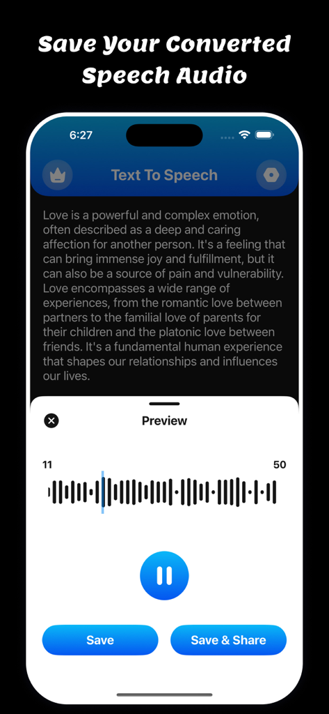 Speech To Text: Voice Notes - Interfaz de la aplicación para convertir texto a voz con una forma de onda de audio y botones de guardar