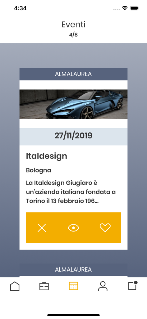 AlmaGo - AlmaGo app interface showing a recruitment event card with swipe action buttons for job seekers