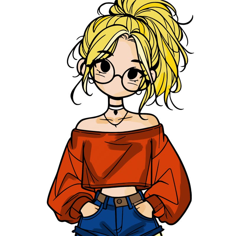 girl with a messy ponytail glasses a baggy crop top and jean shorts