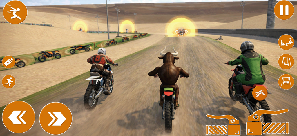 Jugabilidad de carreras de motos de cross con un personaje jinete de toros.