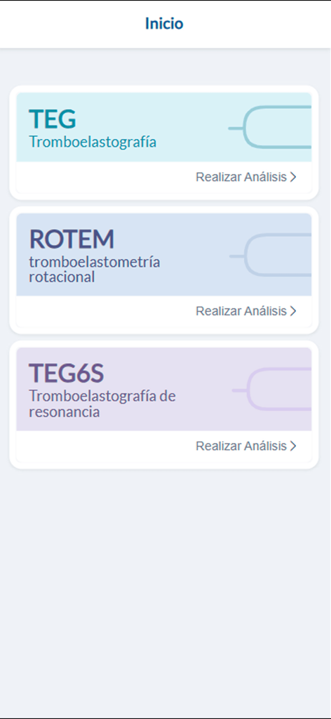 Schermata principale dell'app EasyVET che mostra schede di selezione per i test viscoelastici TEG, ROTEM e TEG6S