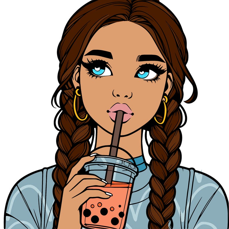 realistic girl with braided hair drinking boba
