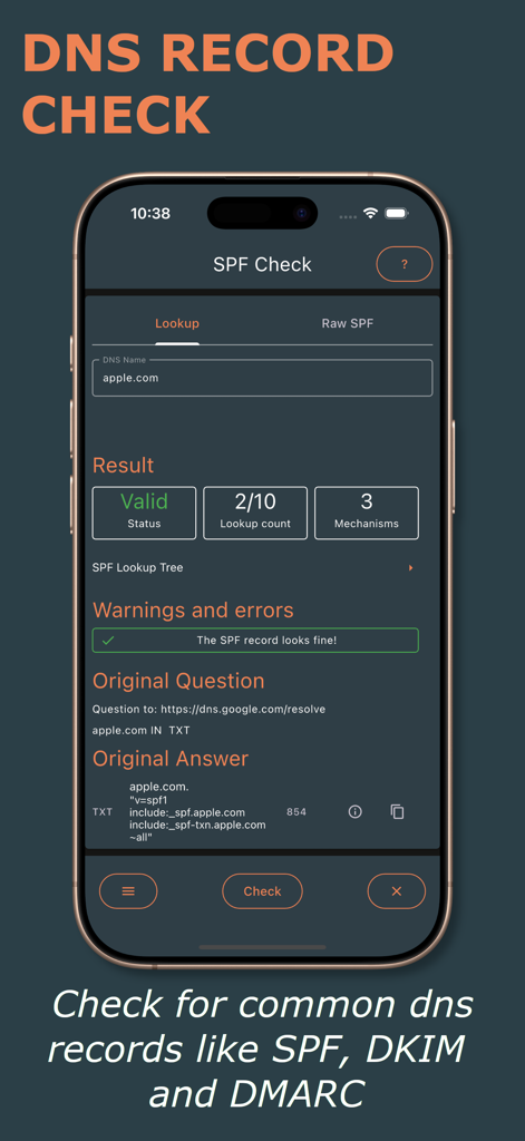 DNS Toolkit - A smartphone screen showing the DNS Toolkit app validating an SPF record for a domain.