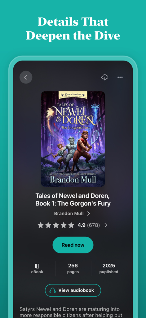 Screenshot of the Deseret Bookshelf app displaying details for the book Tales of Newel and Doren by Brandon Mull including a read now button and audiobook option