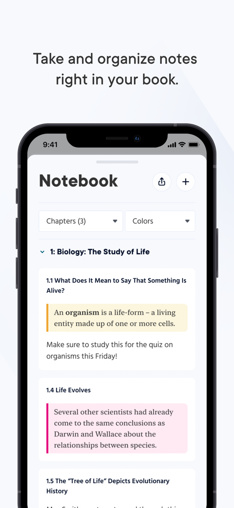 A mobile interface of the Reader Plus app showing the Notebook feature with organized study notes and highlights.