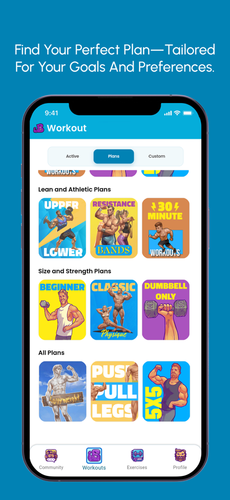 BUFF | Gym Workout Tracker - Workout plans interface in the BUFF Gym Workout Tracker app showing categorized fitness routines like Upper Lower and 5x5.