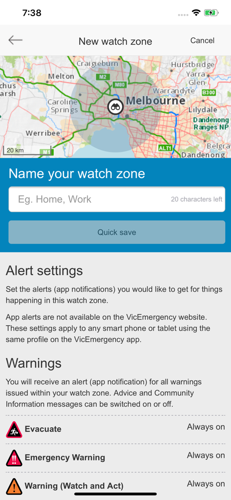 VicEmergency - VicEmergency app screen for setting up a new watch zone with map and alert settings