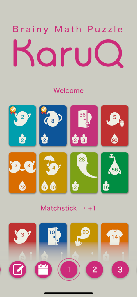 The main level selection screen of the KaruQ math puzzle game featuring colorful cards with numbered ghost characters.