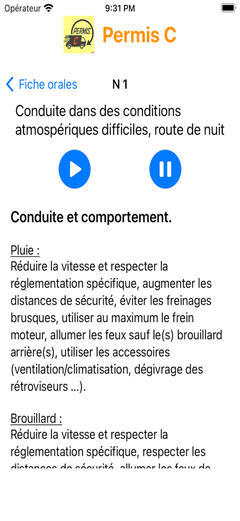 Permis C - Mobile app screen showing a study sheet for the truck driver license oral exam with tips for driving in rain and fog