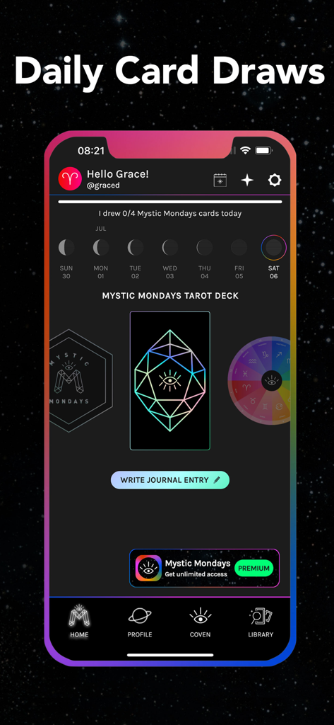 Mystic Mondays - Mystic Mondays app interface showing a daily tarot card draw screen with a geometric card design and moon phase tracker