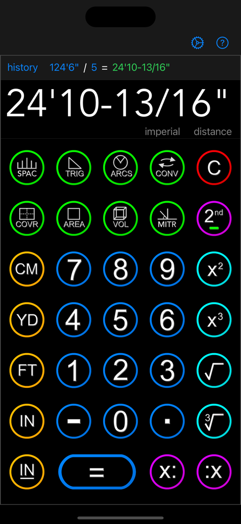Construction Calc - User interface of Construction Calc app featuring fractional inch measurements and trade specific calculation buttons
