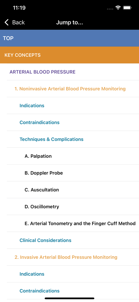 Clinical Anesthesiology, 7/E - Navigation menu in the Clinical Anesthesiology app displaying chapters on arterial blood pressure monitoring