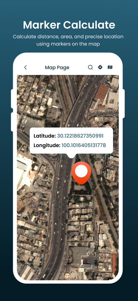 GPS Area Calculator for Land - Interface showing satellite map marker with latitude and longitude coordinates