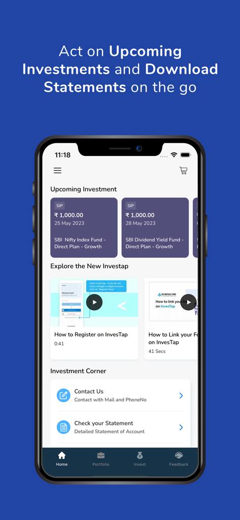SBI Mutual Fund - InvesTap - SBI Mutual Fund InvesTap app interface showing upcoming SIP investments and account statement options