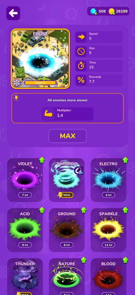 Menú de selección de skins de agujero negro en el juego Holein mostrando skins de Frost Tornado y Electro con estadísticas de mejora.