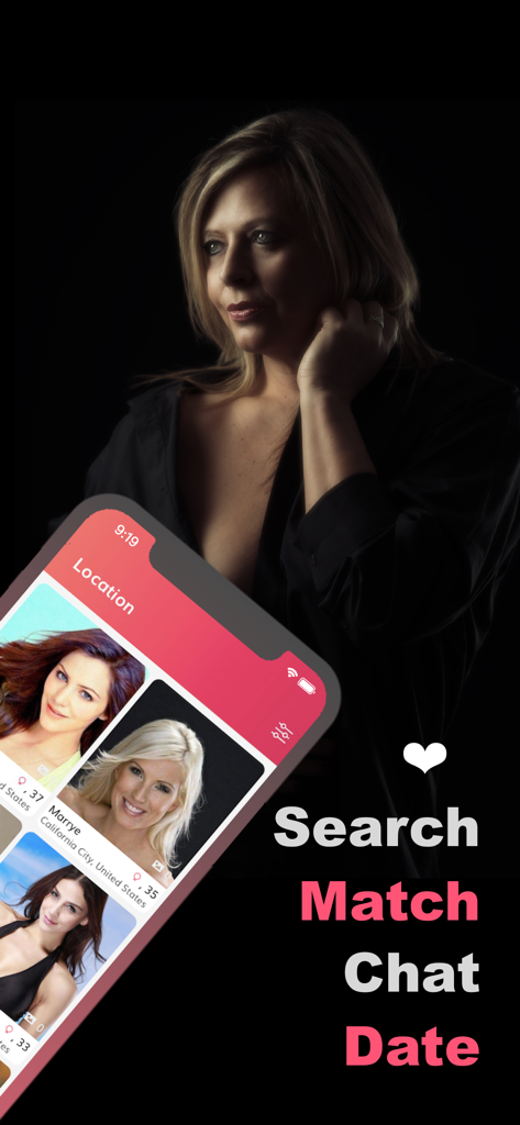 Cougar Dating Adults Singles - Interfaz de la aplicación de citas Cougar con chat de coincidencia de búsqueda y opciones de citas mostradas sobre un retrato de mujer madura
