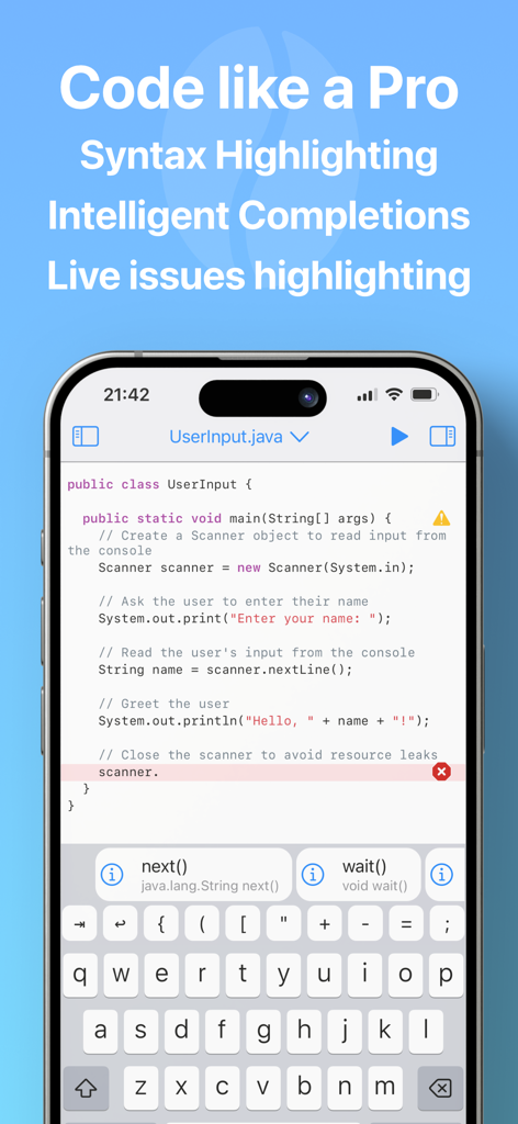 CodeBrew - IDE for Java - CodeBrew Java IDE interface showing syntax highlighting and code completion on iPhone