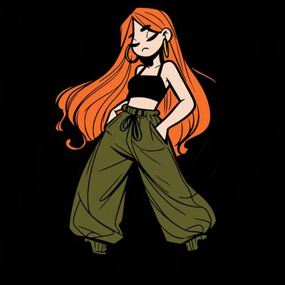 girl in baggy pants crop top and long hair