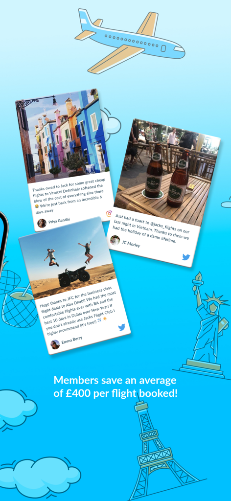 Pantalla de la aplicación Jacks Flight Club mostrando testimonios de usuarios sobre vuelos baratos y ahorros promedio de 400 libras por reserva