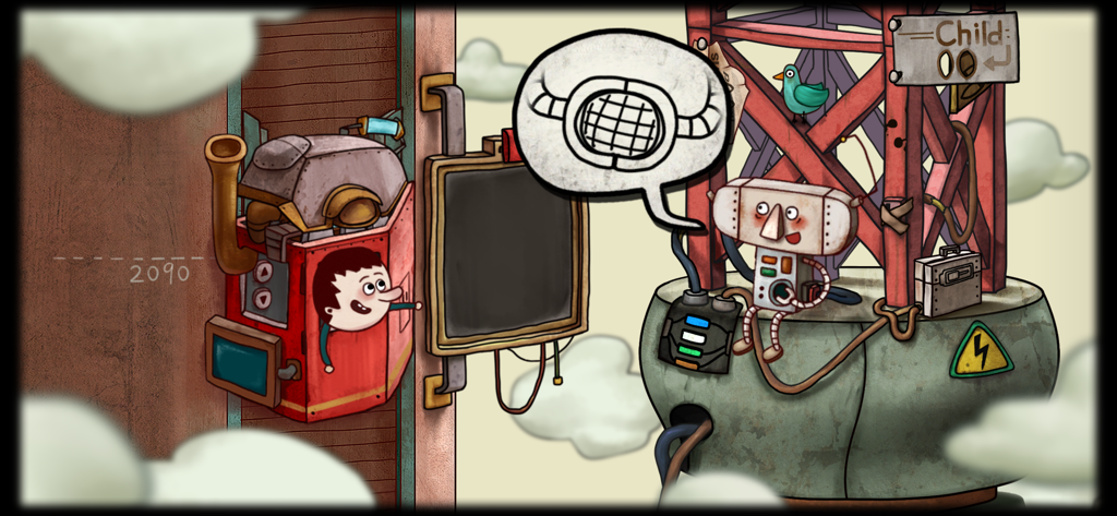 One Way: The Elevator - A hand drawn scene from One Way The Elevator showing a boy in a mechanical lift interacting with a small robot character.