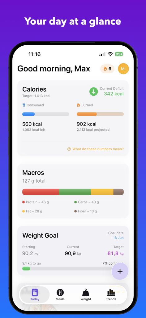 helian - AI Calorie Counter - Helian app dashboard displaying daily calorie intake, burned calories, macronutrients, and weight goal progress.