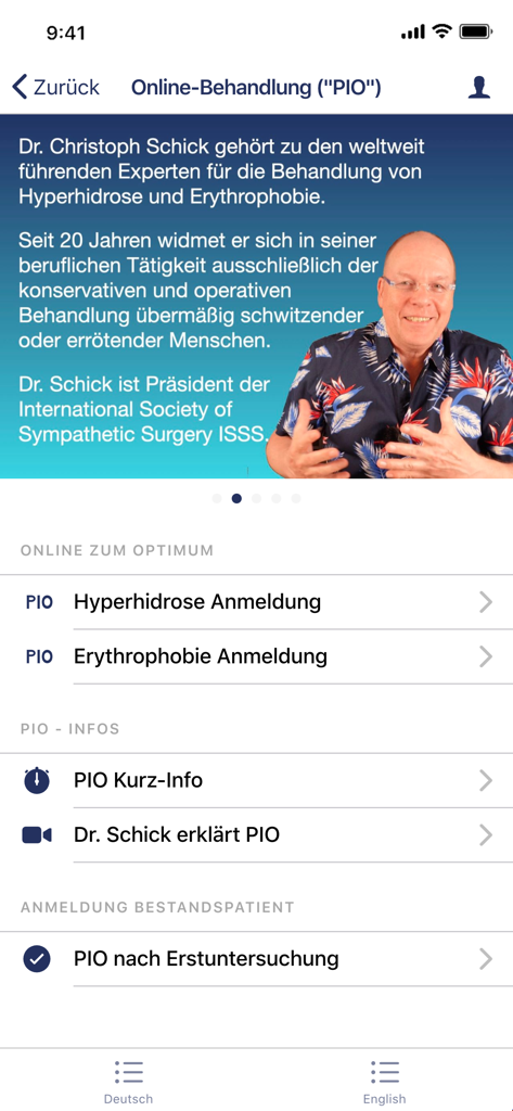 Hyperhidrose Hyperhidrosis - Mobile app interface for hyperhidrosis and erythrophobia treatment featuring Dr Christoph Schick