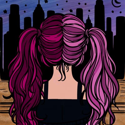 back of girl staring at nightime city skyline
