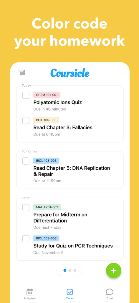 Coursicle - Mobile screen showing the Coursicle app's color-coded homework task list organized by date.